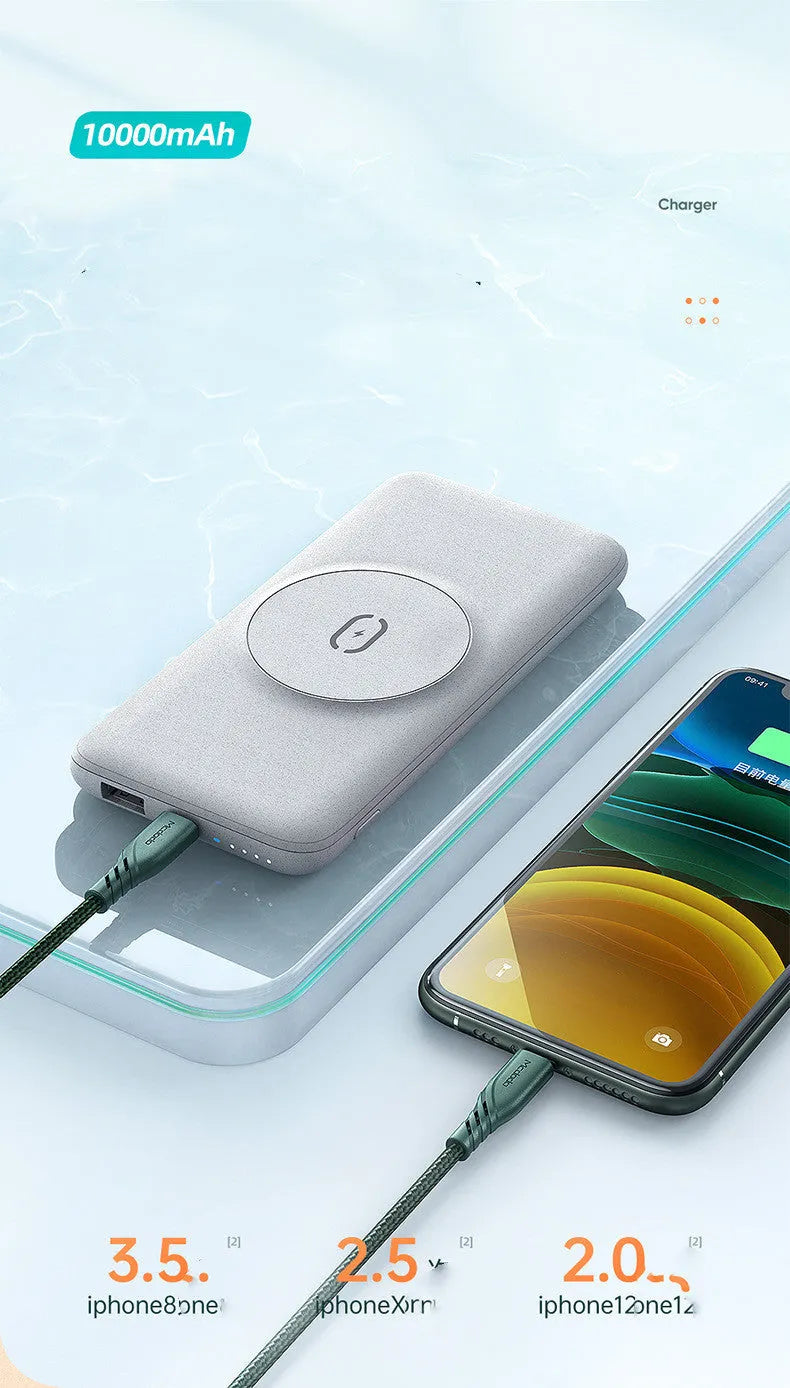 Mint green MagSafe-compatible magnetic wireless charging power bank with clip, showing dimensions.