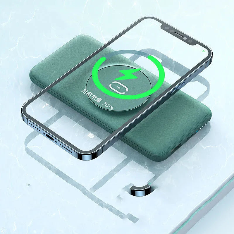 Mint green MagSafe-compatible magnetic wireless charging power bank with clip, showing dimensions.