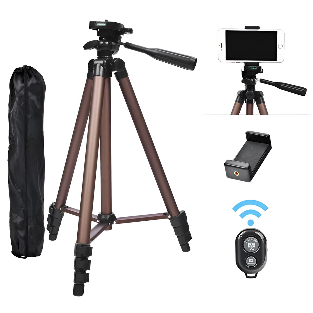 Black aluminium tripod extended to 1.3m with hydraulic head, mobile phone holder, and Bluetooth remote on a table.
