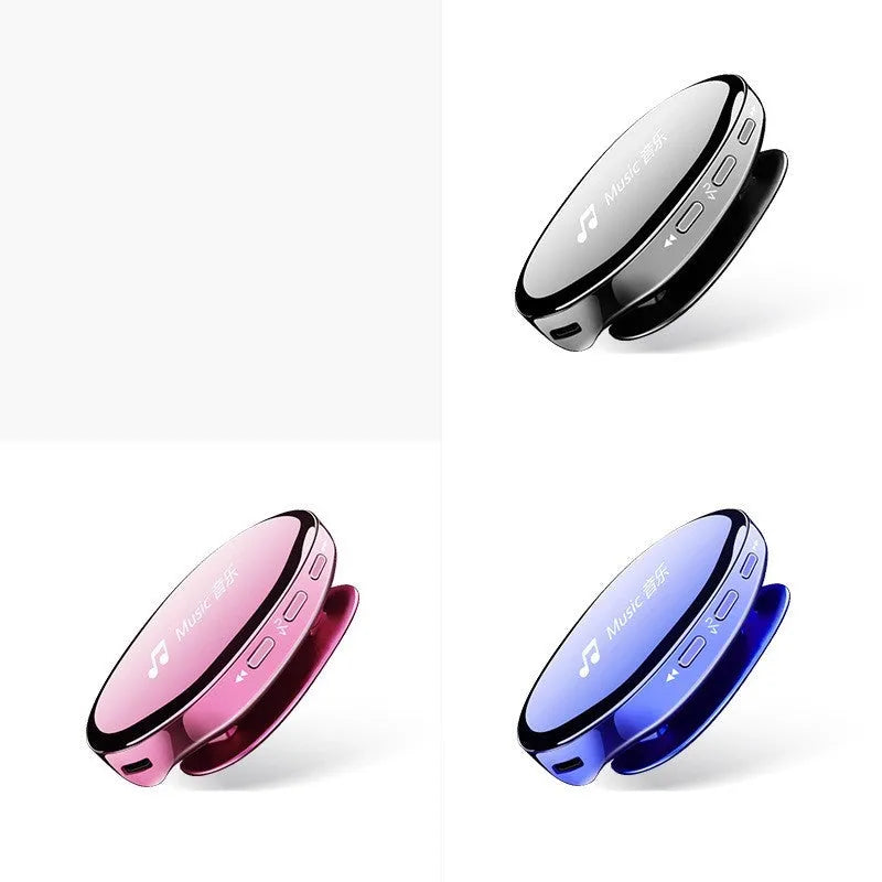 Blue Bluetooth MP4 music player with OLED display showing track info, placed next to headphones.