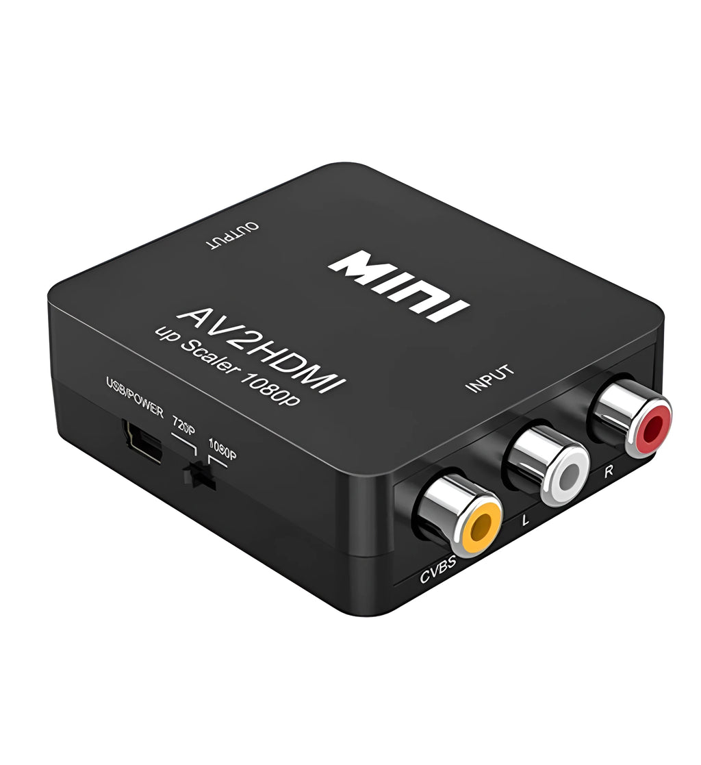 Compact black AV to HDMI converter with 0.5m cable for television connection