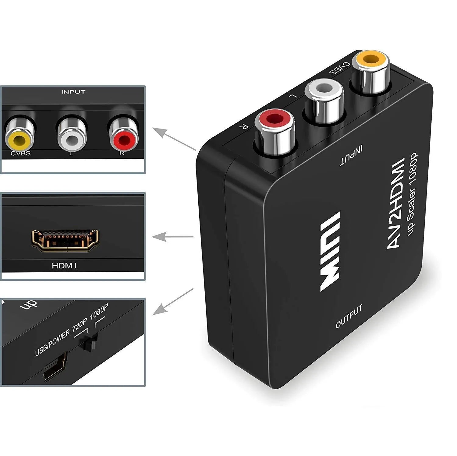 Compact black AV to HDMI converter with 0.5m cable for television connection
