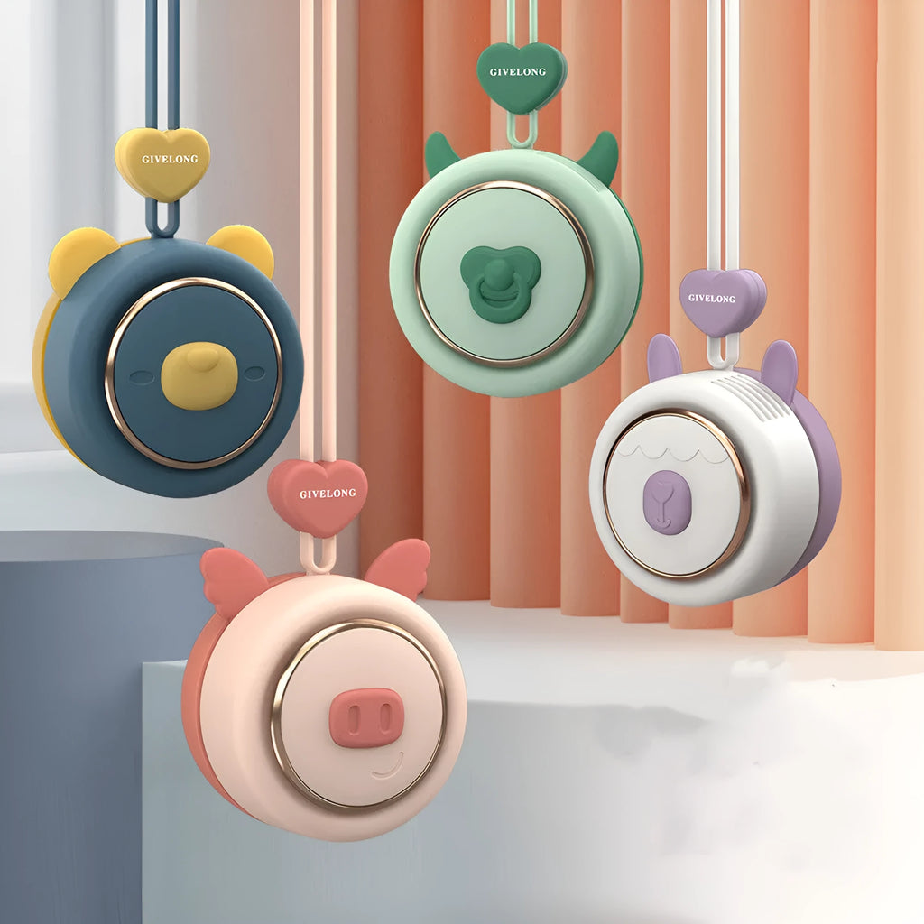 Mini bladeless neck fan with hanging rope, showing USB charging port and power button.