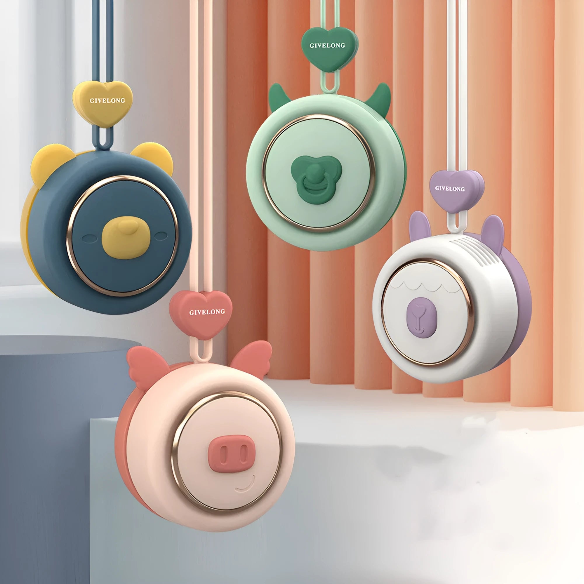 Mini bladeless neck fan with hanging rope, showing USB charging port and power button.