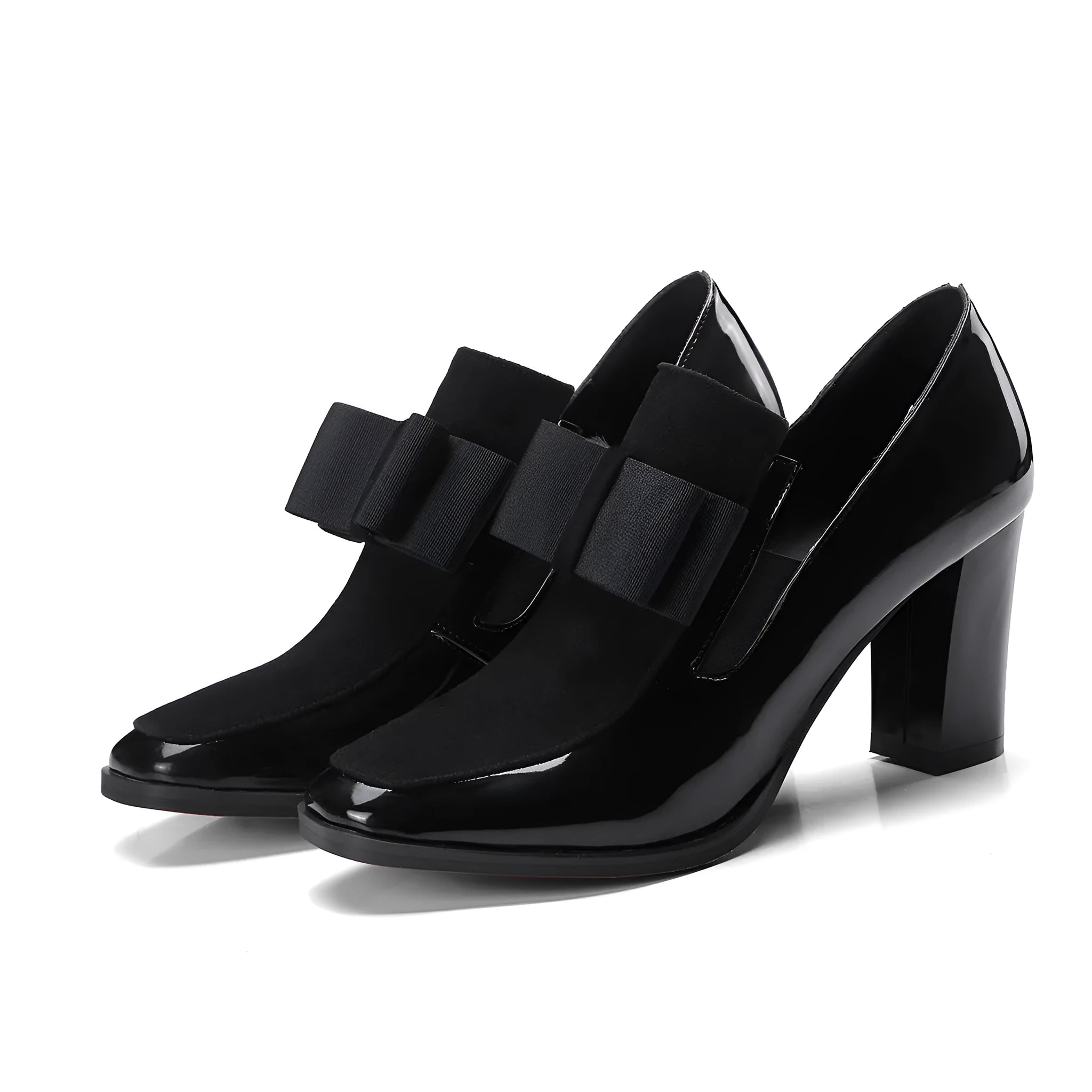 Large size women's patent leather high heels with thick block heel and square toe in black and red colours
