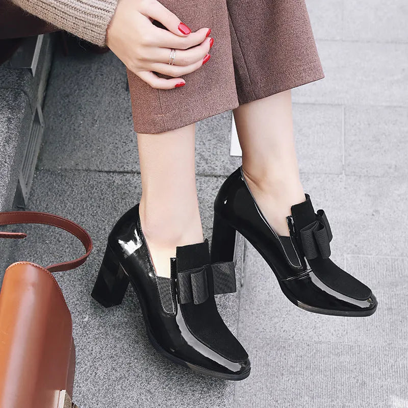 Large size women's patent leather high heels with thick block heel and square toe in black and red colours