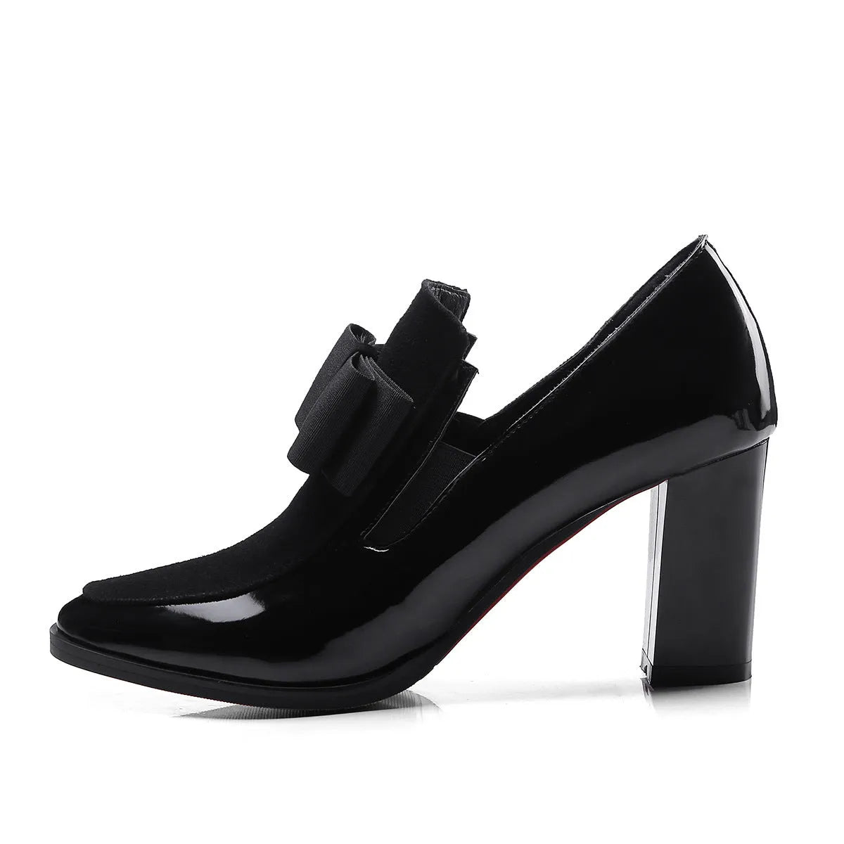 Large size women's patent leather high heels with thick block heel and square toe in black and red colours