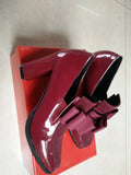 Large size women's patent leather high heels with thick block heel and square toe in black and red colours