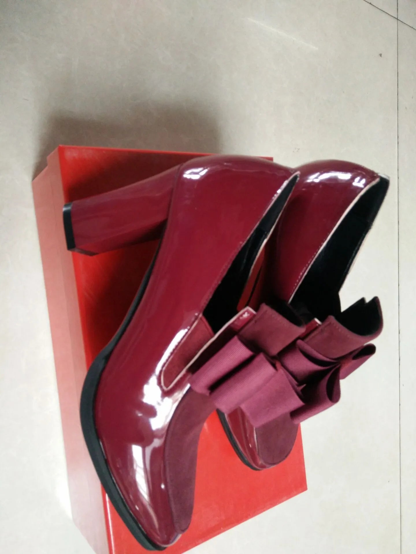 Large size women's patent leather high heels with thick block heel and square toe in black and red colours