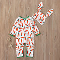 Red cotton baby Easter jumpsuit romper laid flat, showing one-piece design and size tags for 70cm 80cm 90cm 100cm.