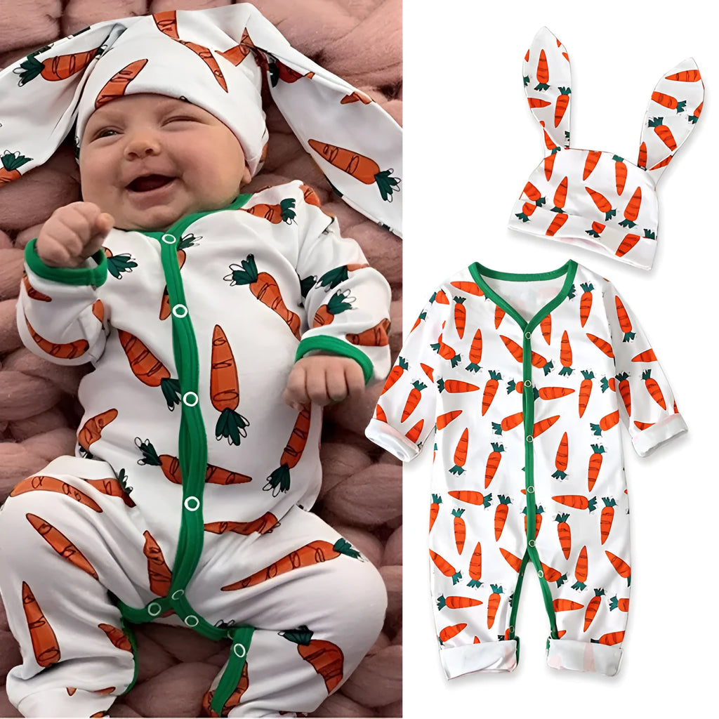 Red cotton baby Easter jumpsuit romper laid flat, showing one-piece design and size tags for 70cm 80cm 90cm 100cm.
