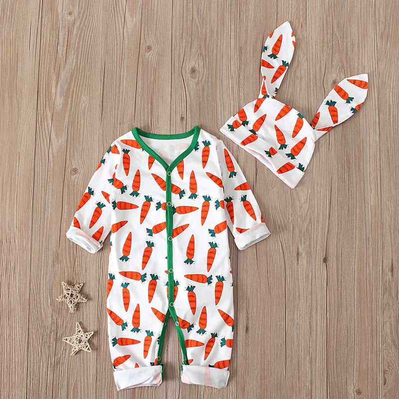 Red cotton baby Easter jumpsuit romper laid flat, showing one-piece design and size tags for 70cm 80cm 90cm 100cm.