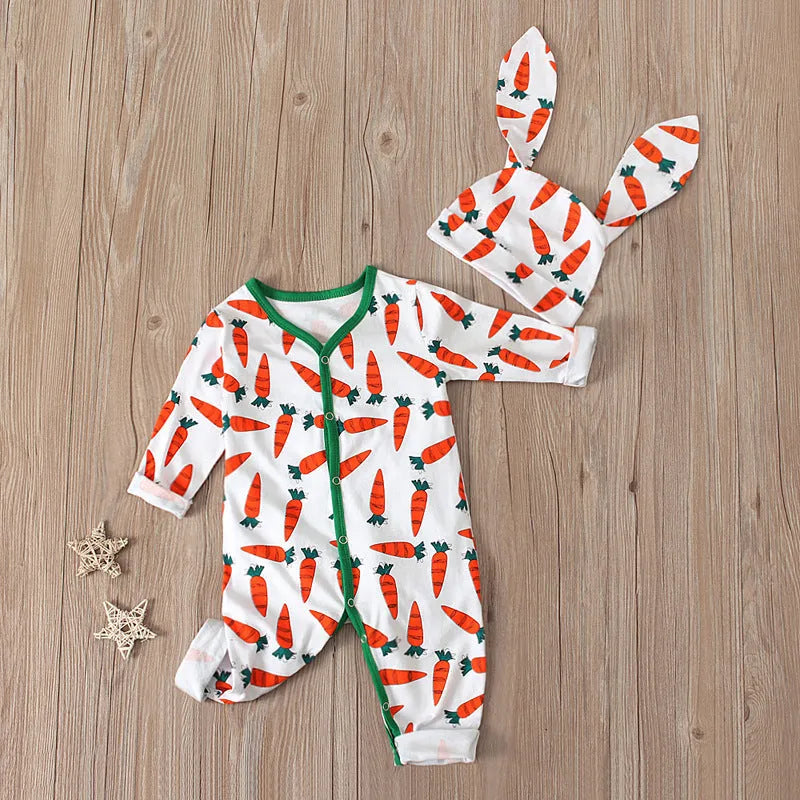 Red cotton baby Easter jumpsuit romper laid flat, showing one-piece design and size tags for 70cm 80cm 90cm 100cm.