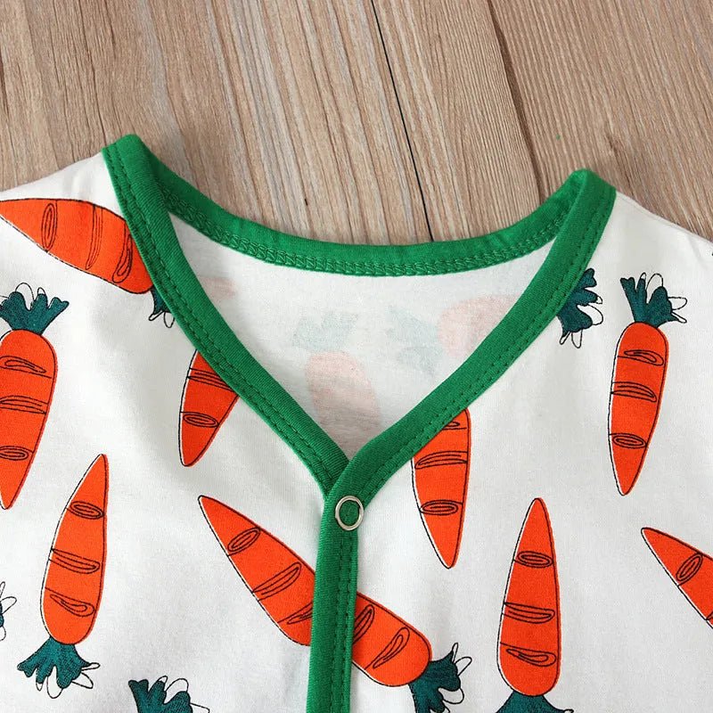 Red cotton baby Easter jumpsuit romper laid flat, showing one-piece design and size tags for 70cm 80cm 90cm 100cm.