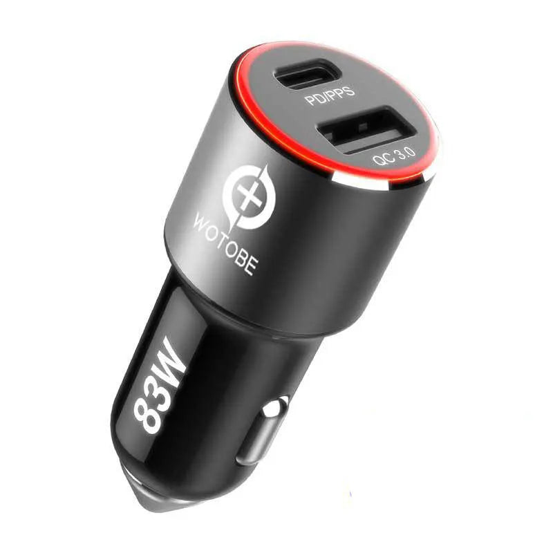Dual-port 83W fast car charger with USB-C and USB-A ports for charging laptops and phones in a vehicle.