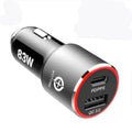Dual-port 83W fast car charger with USB-C and USB-A ports for charging laptops and phones in a vehicle.