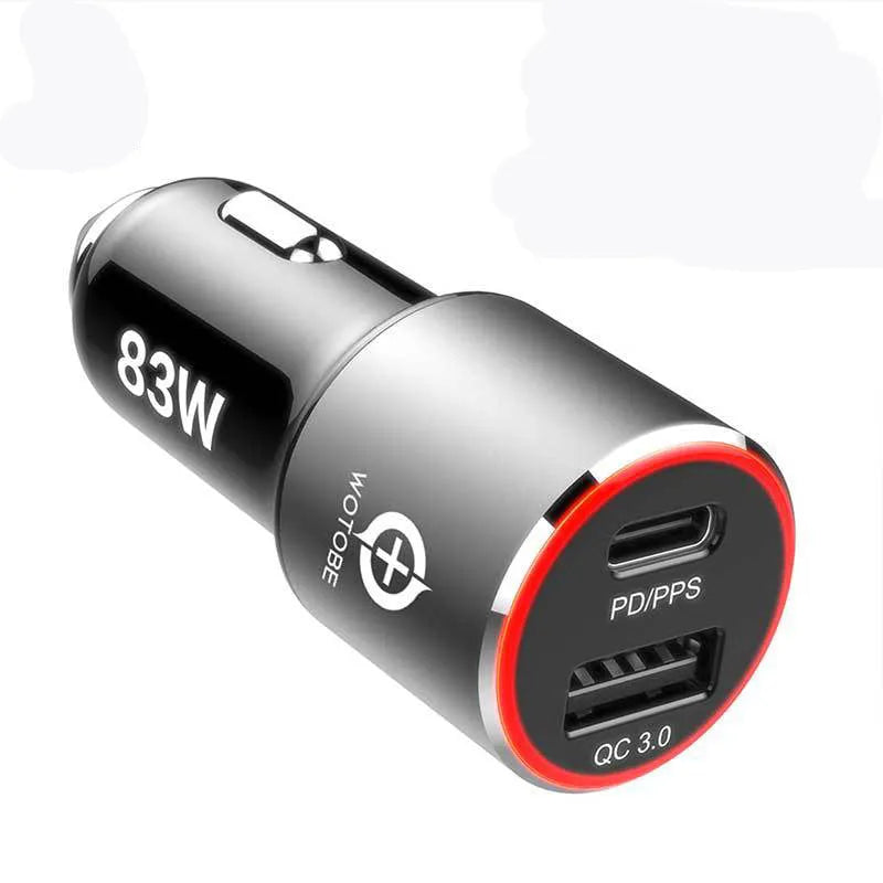 Dual-port 83W fast car charger with USB-C and USB-A ports for charging laptops and phones in a vehicle.