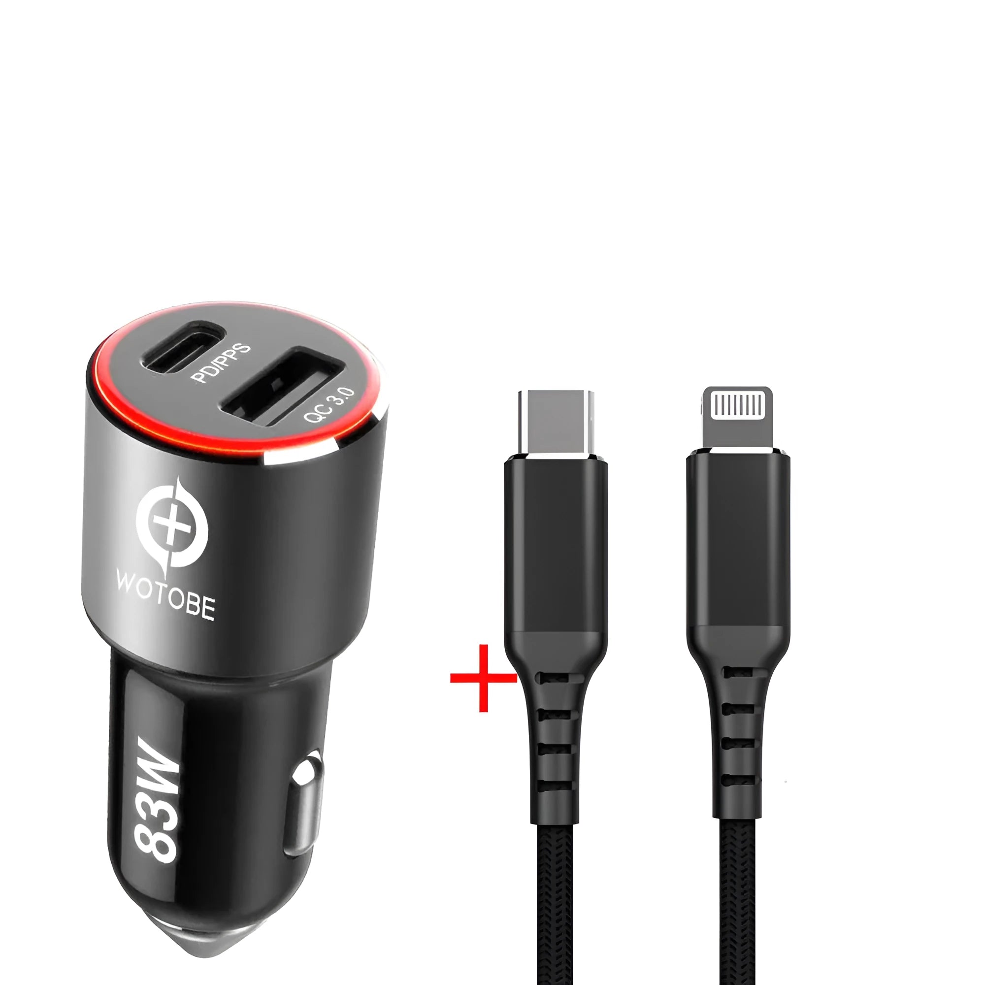 Dual-port 83W fast car charger with USB-C and USB-A ports for charging laptops and phones in a vehicle.