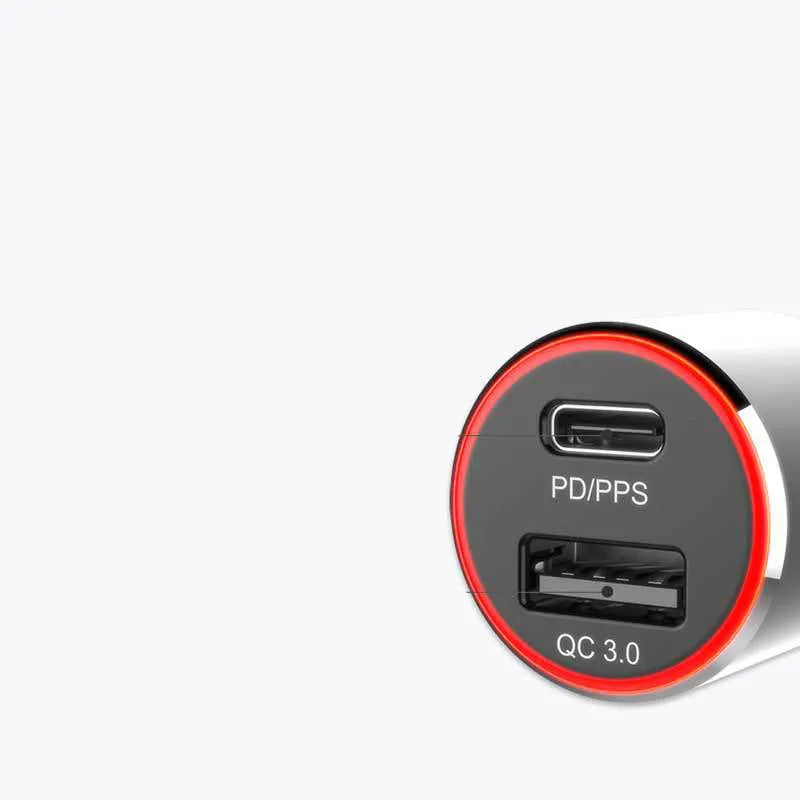 Dual-port 83W fast car charger with USB-C and USB-A ports for charging laptops and phones in a vehicle.