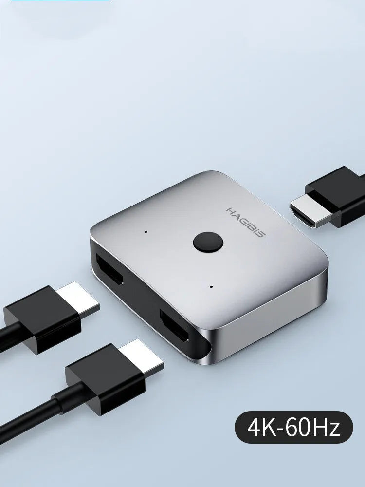 Gray HDMI splitter device with one input and two output ports for connecting multiple displays