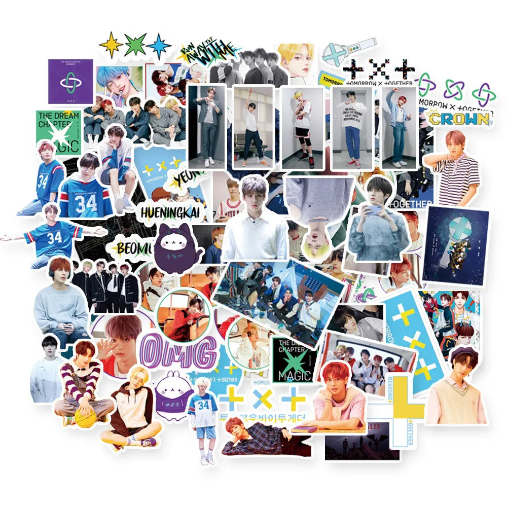 Star-shaped luggage sticker featuring music group designs, size 6cm by 4cm.