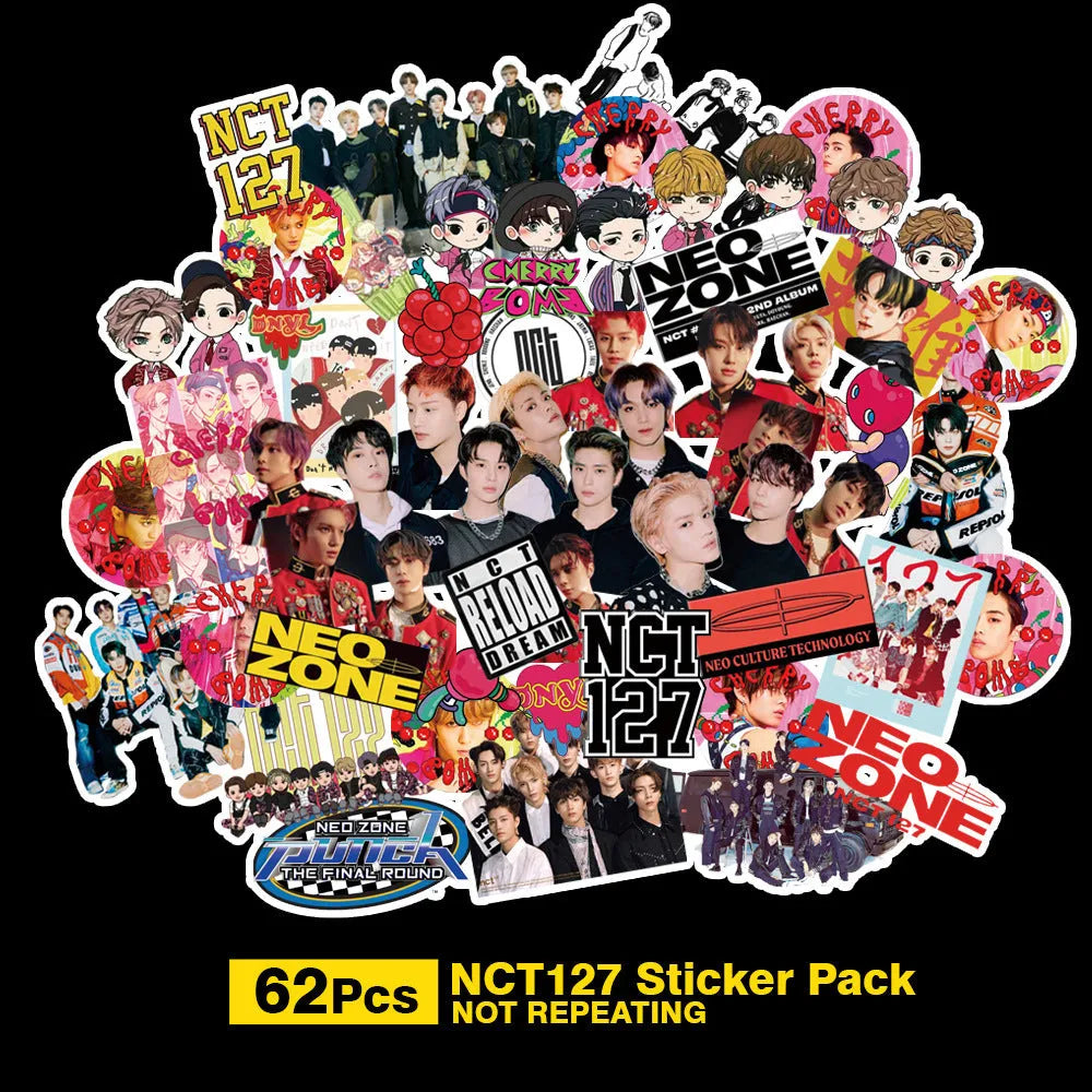 Star-shaped luggage sticker featuring music group designs, size 6cm by 4cm.