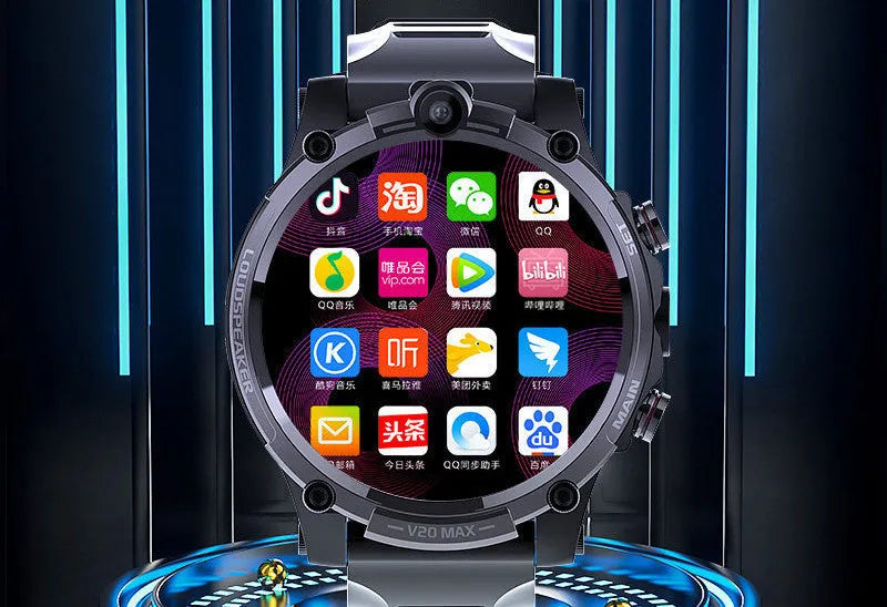 Black 4G smartwatch with a 1.6-inch screen, dual camera, and heart rate monitor on a wrist strap.