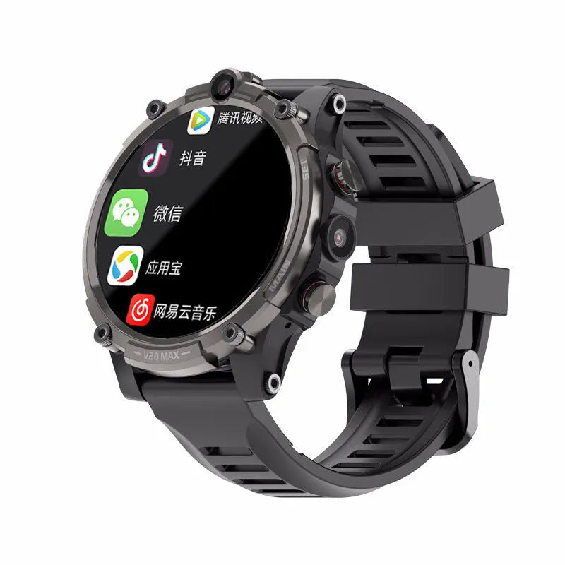 Black 4G smartwatch with a 1.6-inch screen, dual camera, and heart rate monitor on a wrist strap.
