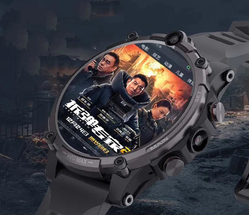 Black 4G smartwatch with a 1.6-inch screen, dual camera, and heart rate monitor on a wrist strap.