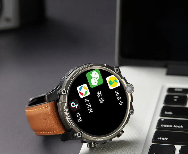 Black 4G smartwatch with a 1.6-inch screen, dual camera, and heart rate monitor on a wrist strap.