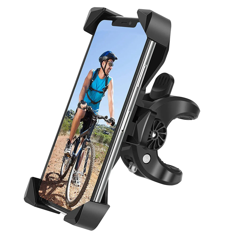 Anti-falling anti-shake bicycle bracket with automatic telescopic four claws holding a smartphone on a black handlebar