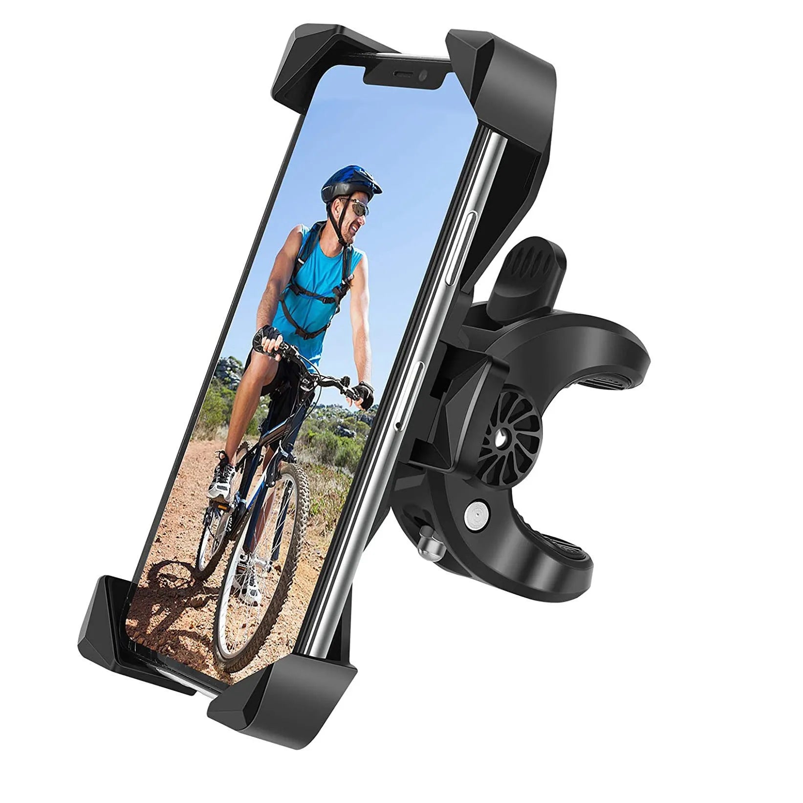 Anti-falling anti-shake bicycle bracket with automatic telescopic four claws holding a smartphone on a black handlebar