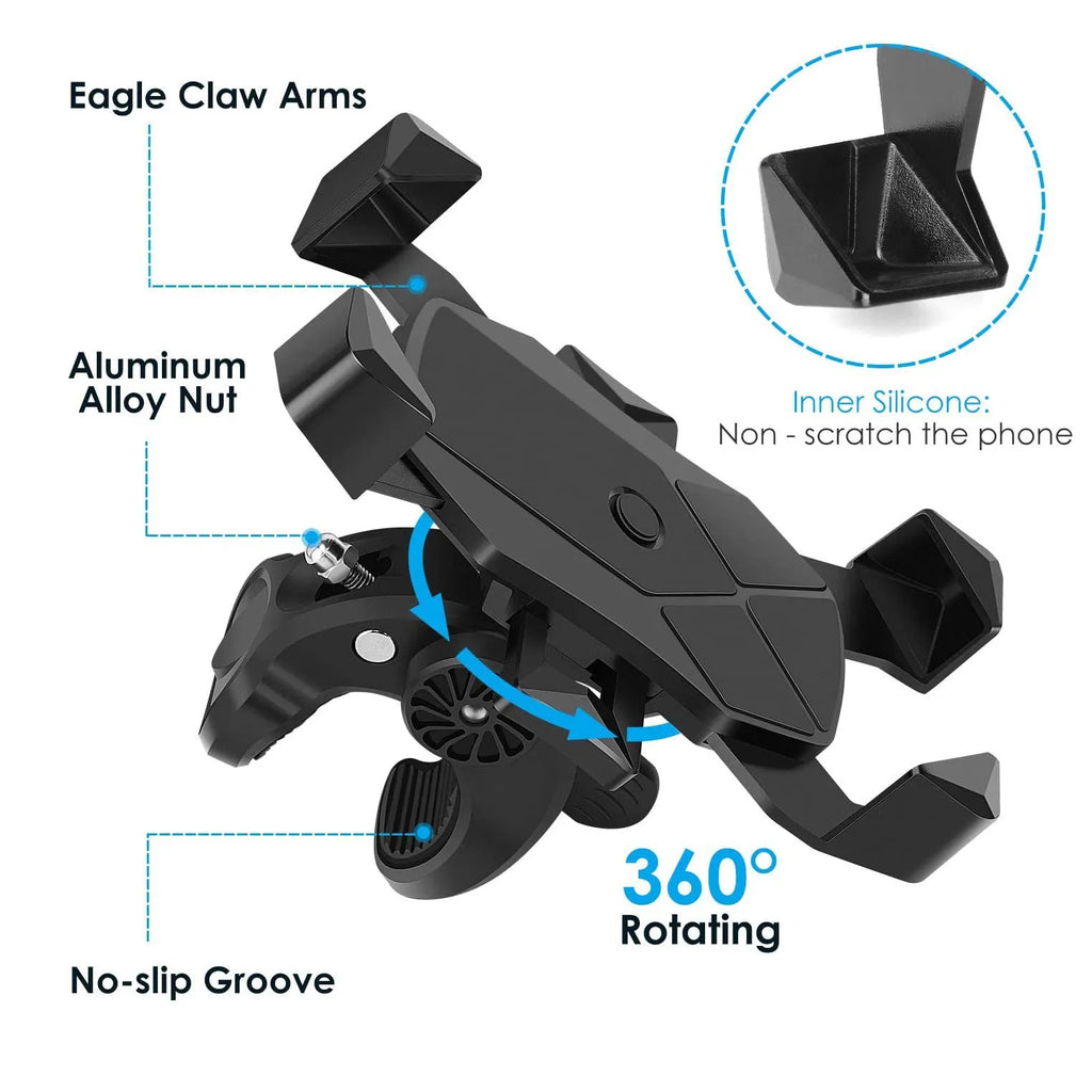 Anti-falling anti-shake bicycle bracket with automatic telescopic four claws holding a smartphone on a black handlebar