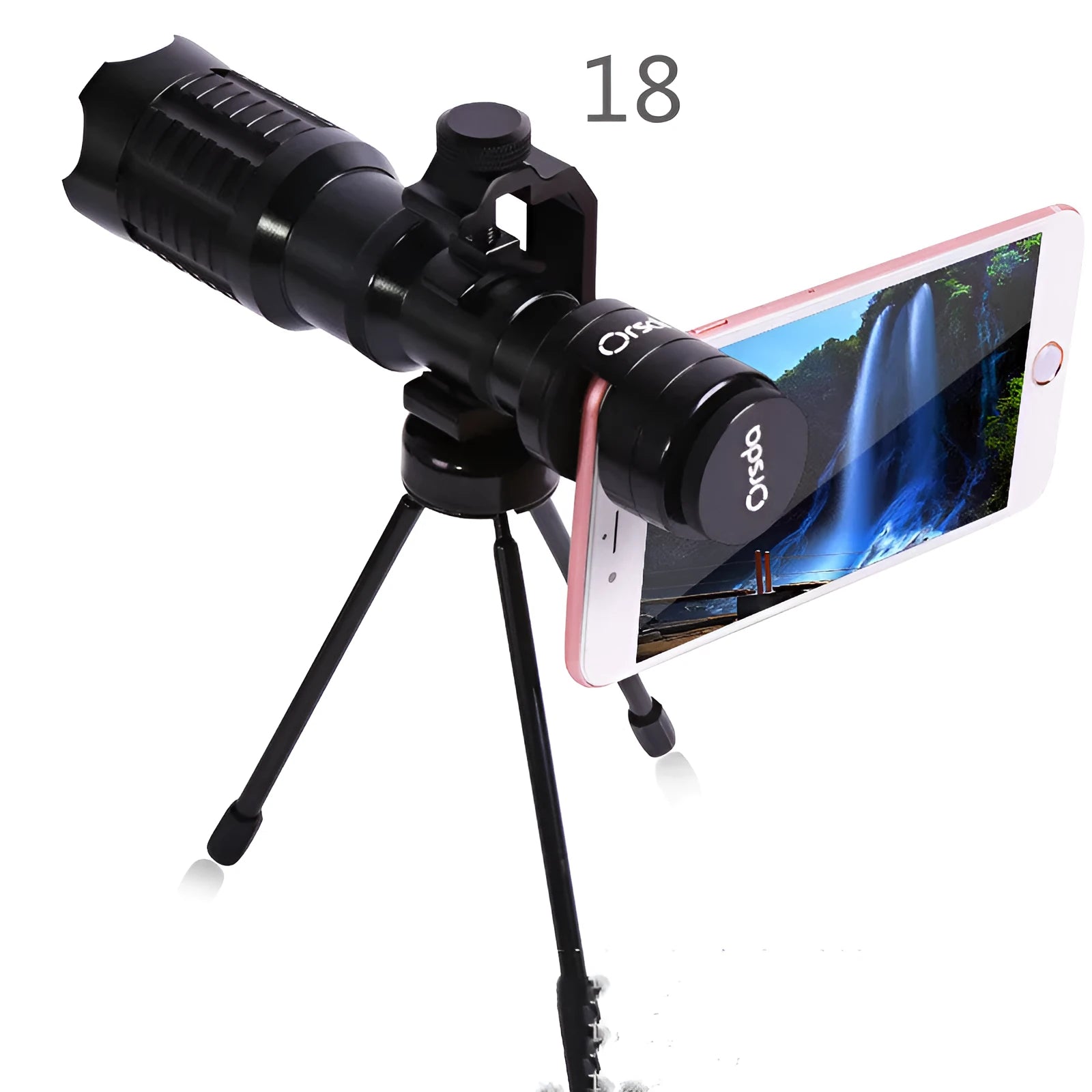 20x mobile phone telescope black telephoto lens with U-shaped adapter ring and tripod on smartphone