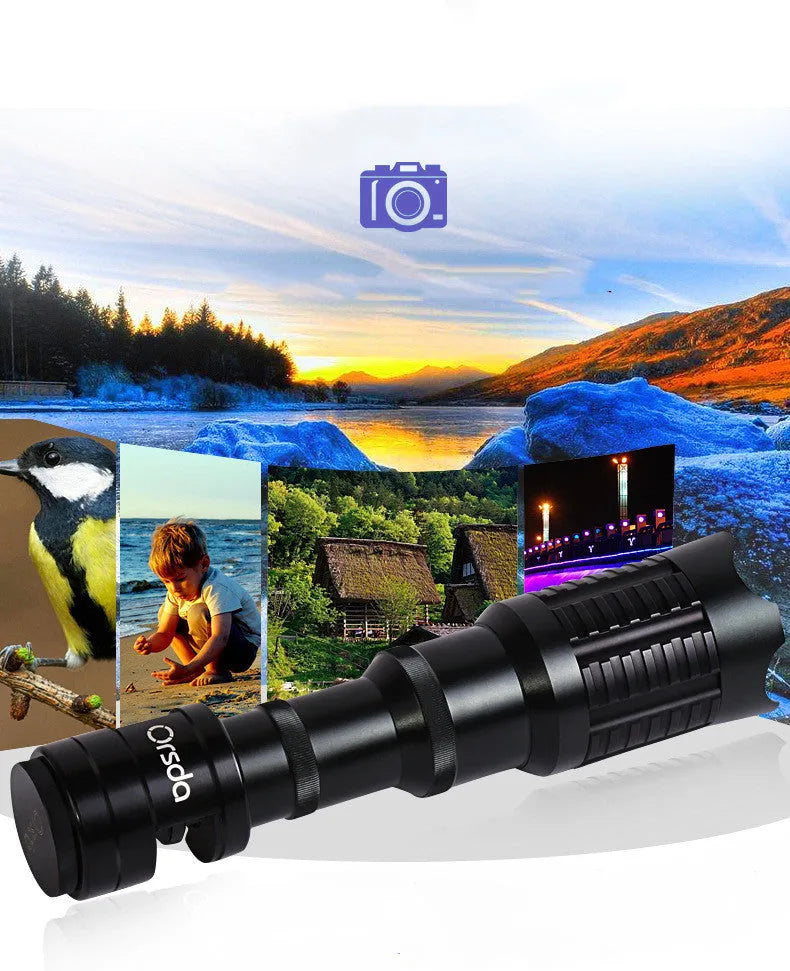 20x mobile phone telescope black telephoto lens with U-shaped adapter ring and tripod on smartphone