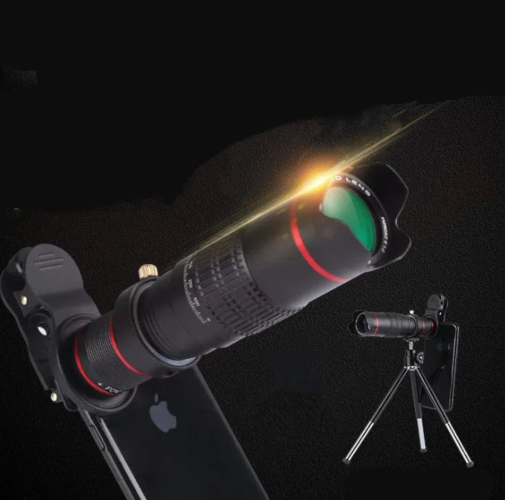 20x mobile phone telescope black telephoto lens with U-shaped adapter ring and tripod on smartphone