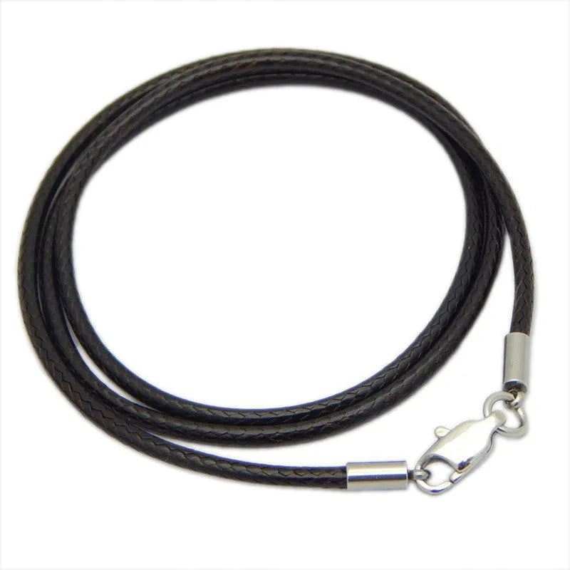 Adjustable wax rope necklace with stainless steel buckle shown in black, red, and brown colour options
