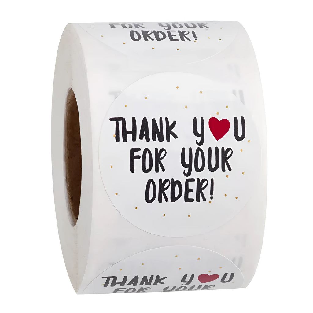 Round white thank you sticker with text on copper plate material, 2.5cm diameter, roll packaging shown