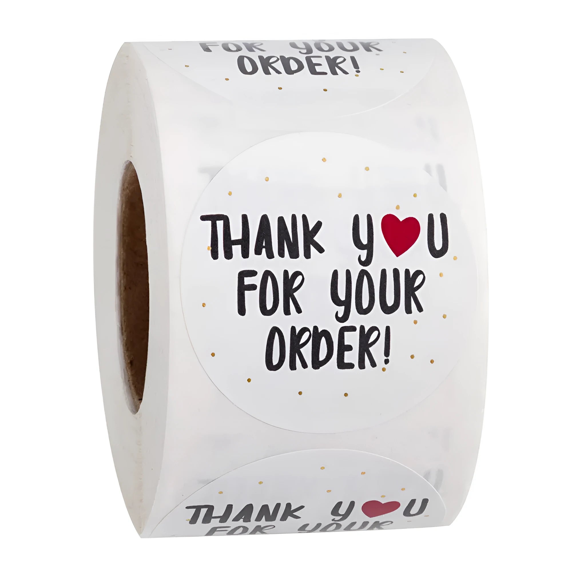 Round white thank you sticker with text on copper plate material, 2.5cm diameter, roll packaging shown