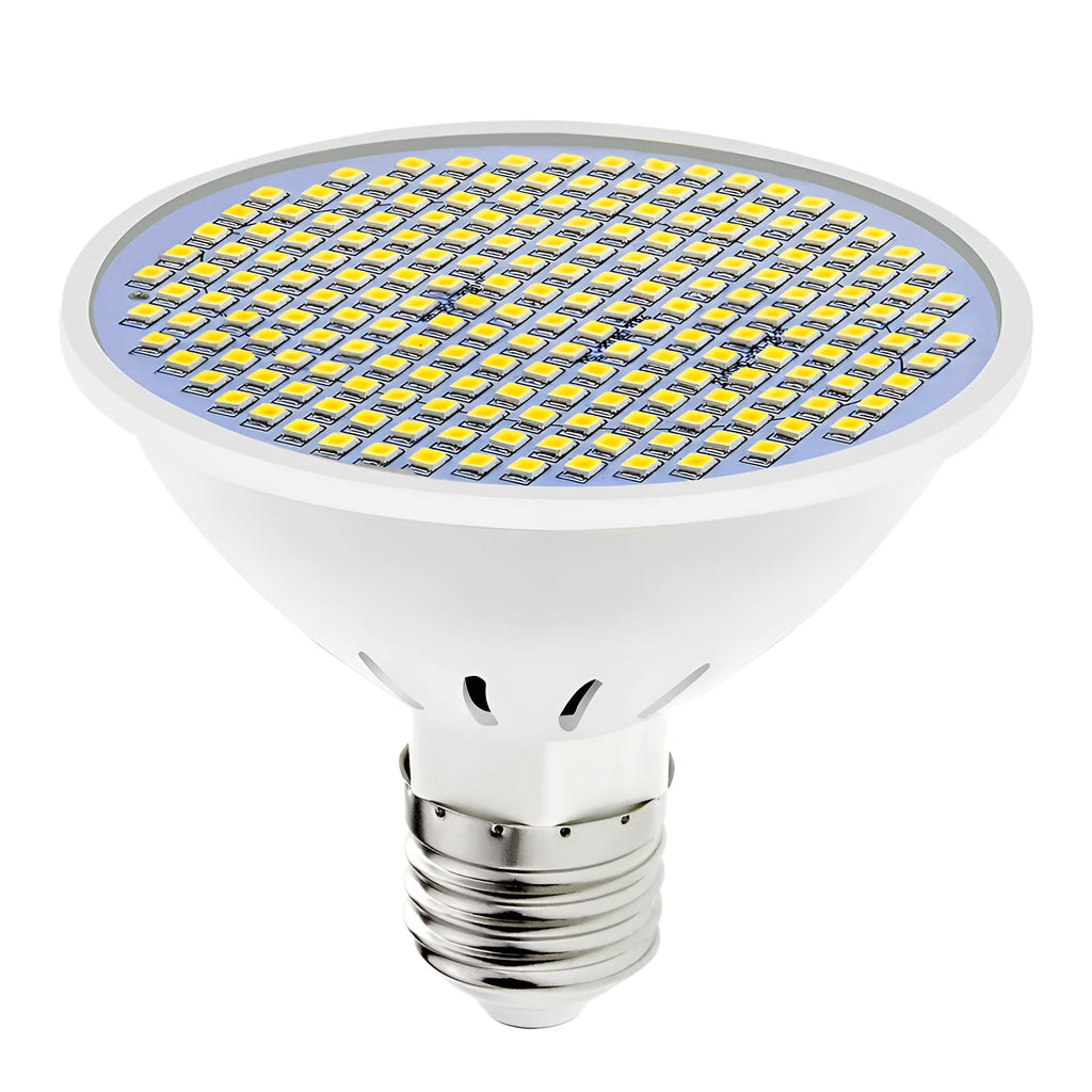 E27 screw-in LED lamp cup bulb shown in warm white and cool white options.