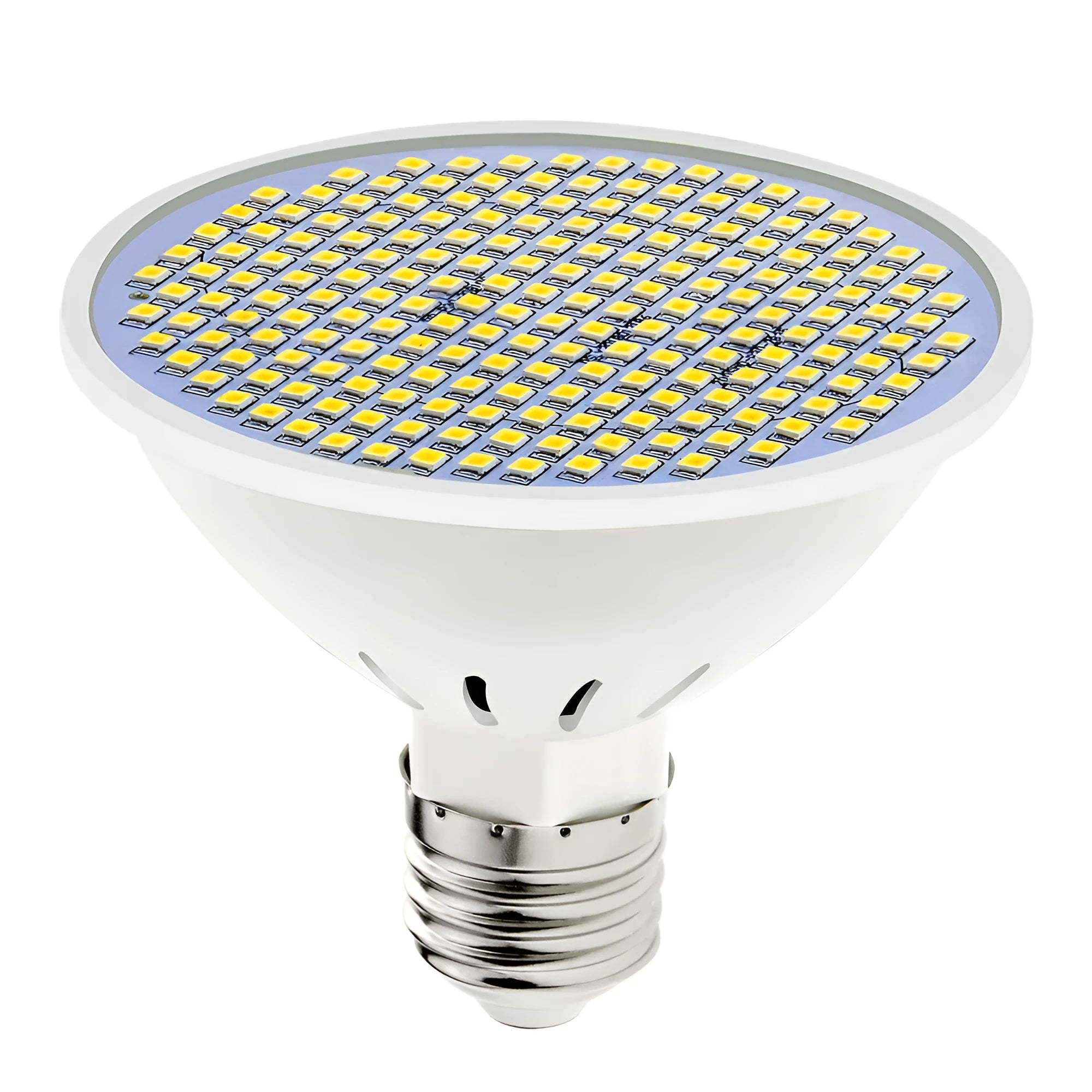 E27 screw-in LED lamp cup bulb shown in warm white and cool white options.