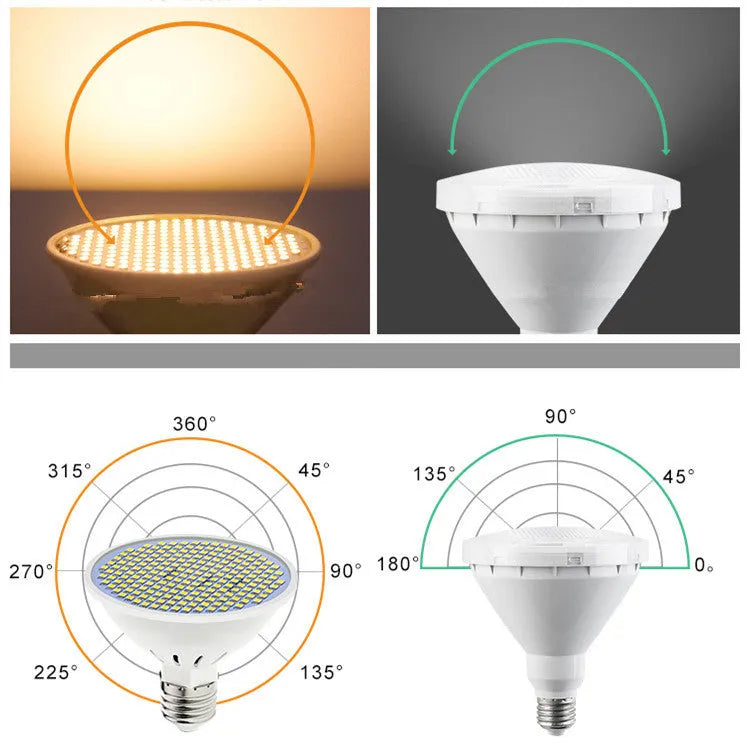 E27 screw-in LED lamp cup bulb shown in warm white and cool white options.