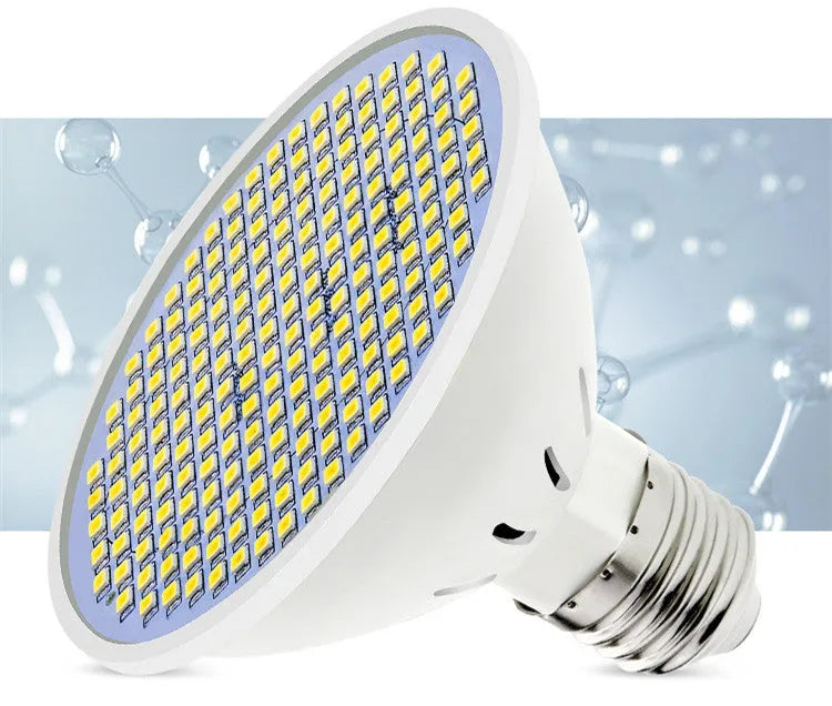 E27 screw-in LED lamp cup bulb shown in warm white and cool white options.