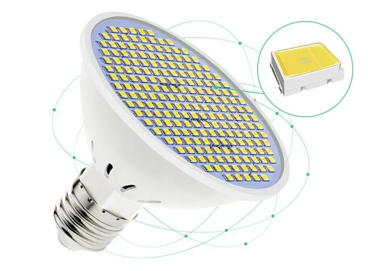 E27 screw-in LED lamp cup bulb shown in warm white and cool white options.