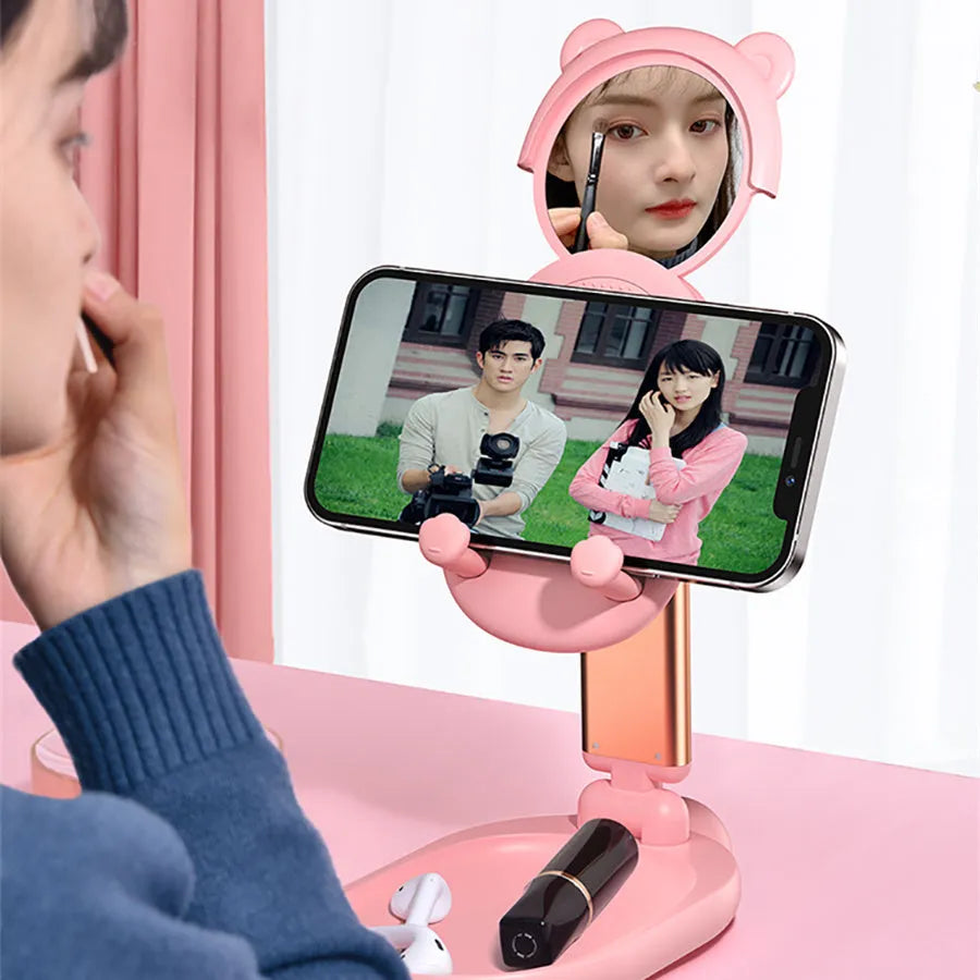 Blue folding aluminium phone tablet stand with mirror for Apple devices on desk