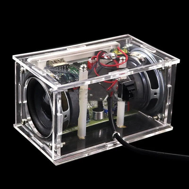 Bluetooth speaker DIY electronic assembly kit with circuit board and transparent plastic housing