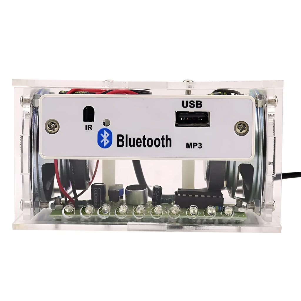 Bluetooth speaker DIY electronic assembly kit with circuit board and transparent plastic housing