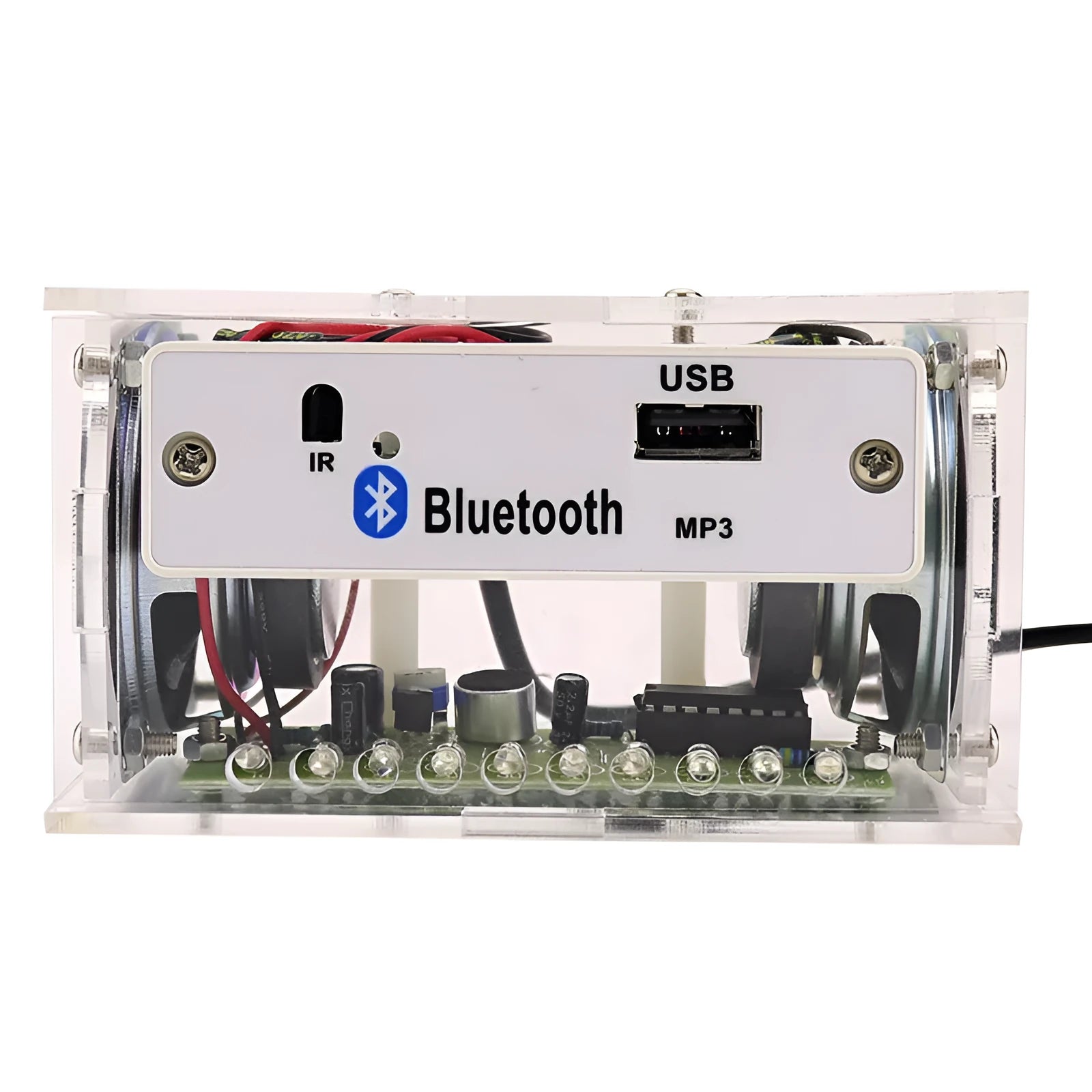 Bluetooth speaker DIY electronic assembly kit with circuit board and transparent plastic housing