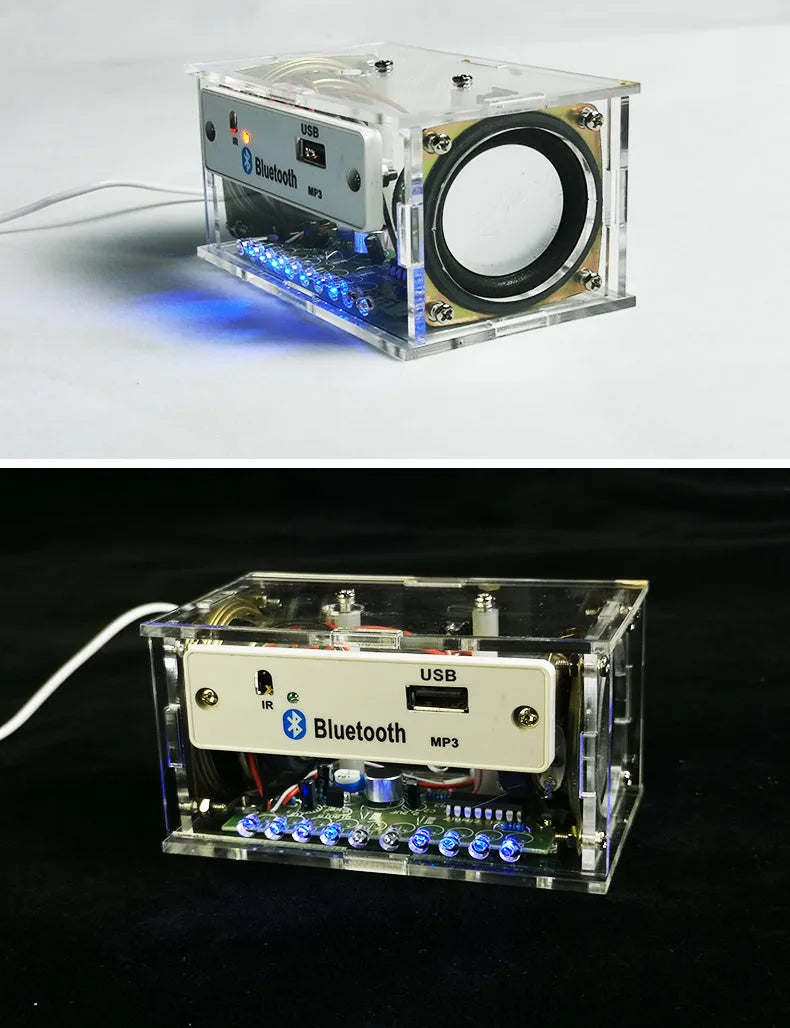 Bluetooth speaker DIY electronic assembly kit with circuit board and transparent plastic housing