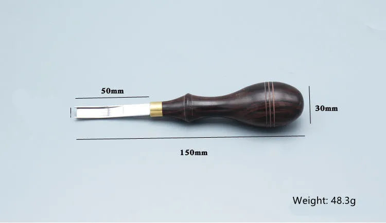 Model 02 leatherworking hand tool with wooden handle and wide metal shovel edge for thinning.